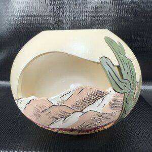 Vintage Hand Made Southwestern Pottery Votive Candle Holder Cutouts Signed VTG